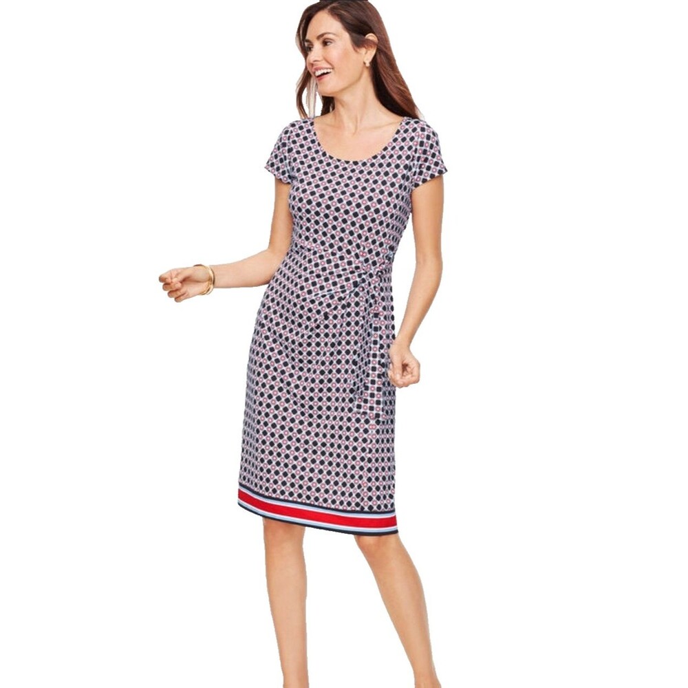 Talbots Women’s Dress XS Navy Red Geo Print Short Sleeve Jersey Sheath Tie NWT
